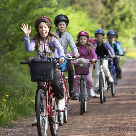 Barn på klassresa cyklar på Ramsholmen i närheten av Mariehamn.